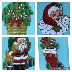 Four vintage Christmas plastic suncatchers with Santa, presents in stockings, holly