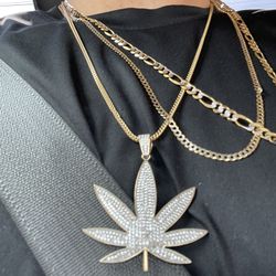 Bud Leaf Pendant And Chain 10k 24” Franco Chain And 14k Bud leaf 