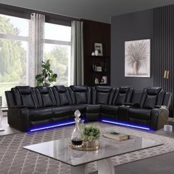 New Black Leather Power Reclining Couch 