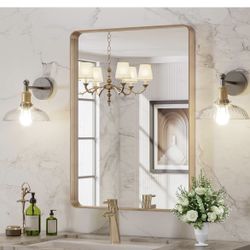 22”X30” Gold Bathroom Mirror, Rounded Rectangle Gold Frame Mirror, Brushed Gold Bathroom Vanity Mirror Wall-Mounted, Anti-Rust
