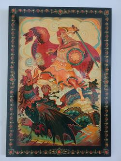 Vintage Russian lacquer panel Soviet era classic Kholui style 16 in x 11 in pristine condition