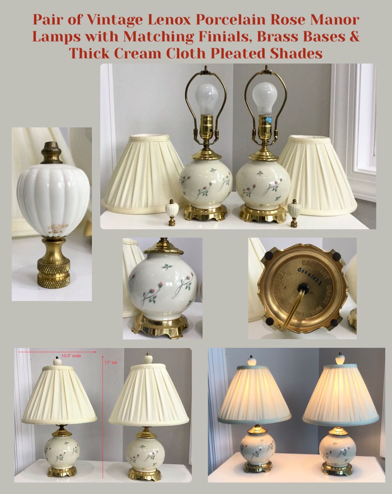2 Vintage Lenox Porcelain Rose Manor Lamps w Matching Finials, Brass Bases & Thick Cream Cloth Pleated Shades