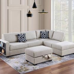 3-pc Sectional Sofa With Storage Ottoman Boucle Fabric Upholstery Brand New
