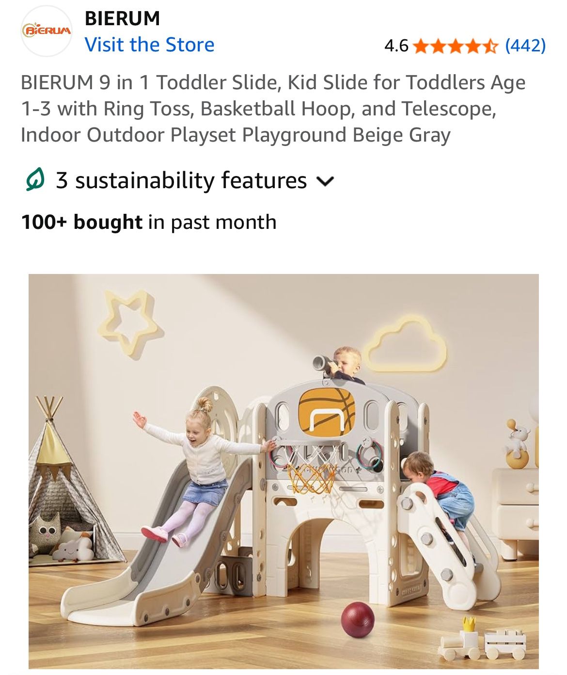 BIERUM 9 in 1 Toddler Slide, Kid Slide for Toddlers Age 1-3 with Ring Toss, Basketball Hoop, and Telescope, Indoor Outdoor Playset Playground Beige Gr