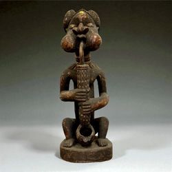 Cameroon Grassfields Tikar Royal Figure with Pipe – 32” African Wood Sculpture