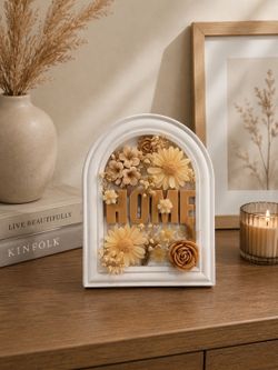 Floral HOME Frame Decor | Handmade Wax Flower Art | Neutral Farmhouse Decor | Cozy Entryway Shelf Accent
