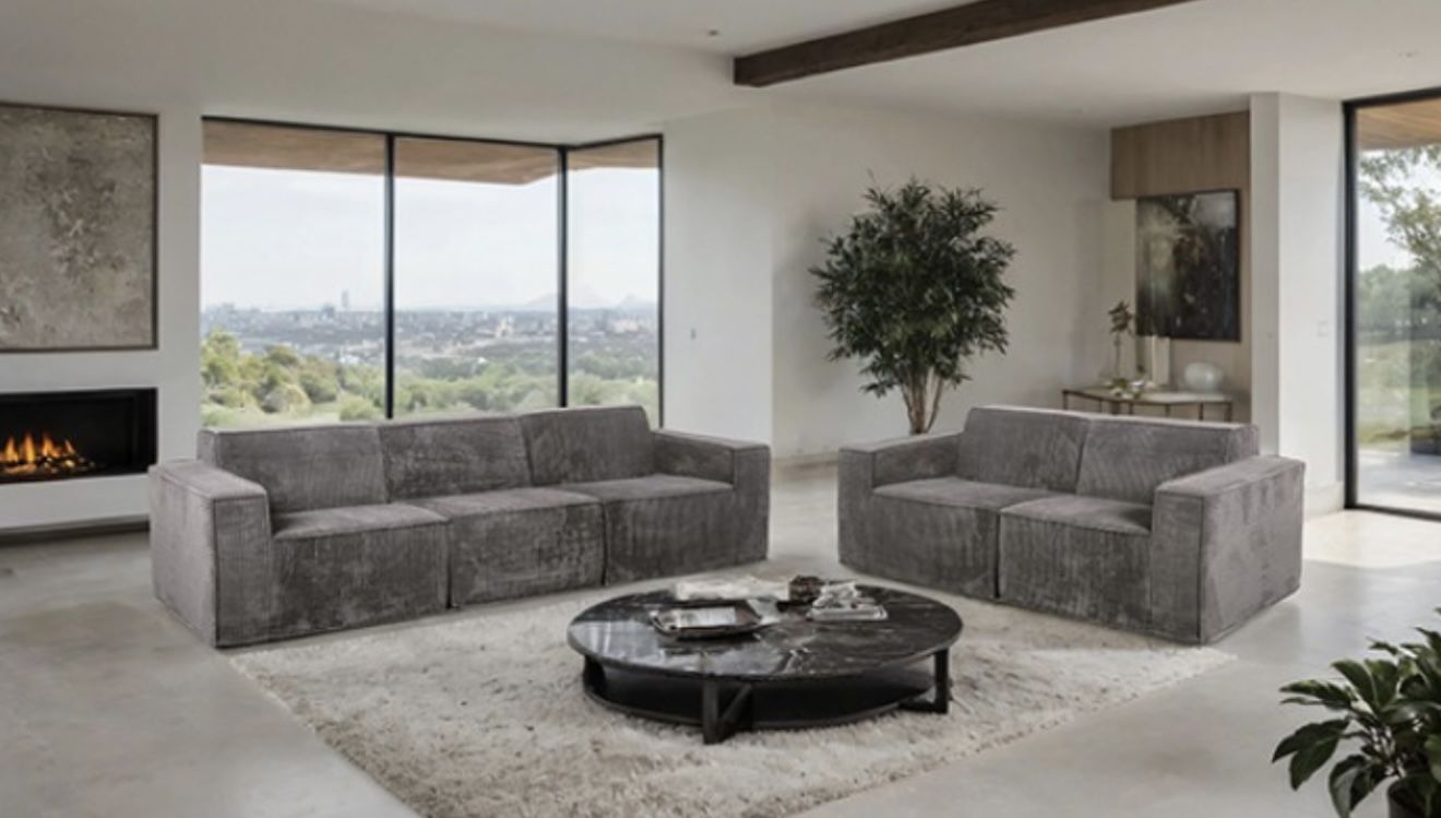 Gray Corduroy Sofa And Love Seat Set (Compressed Sofa)