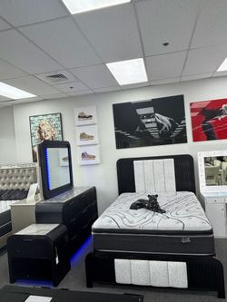 Luxurious 6 pc bedroom set w/deep black tone features led light, built-in speaker, cooler & more