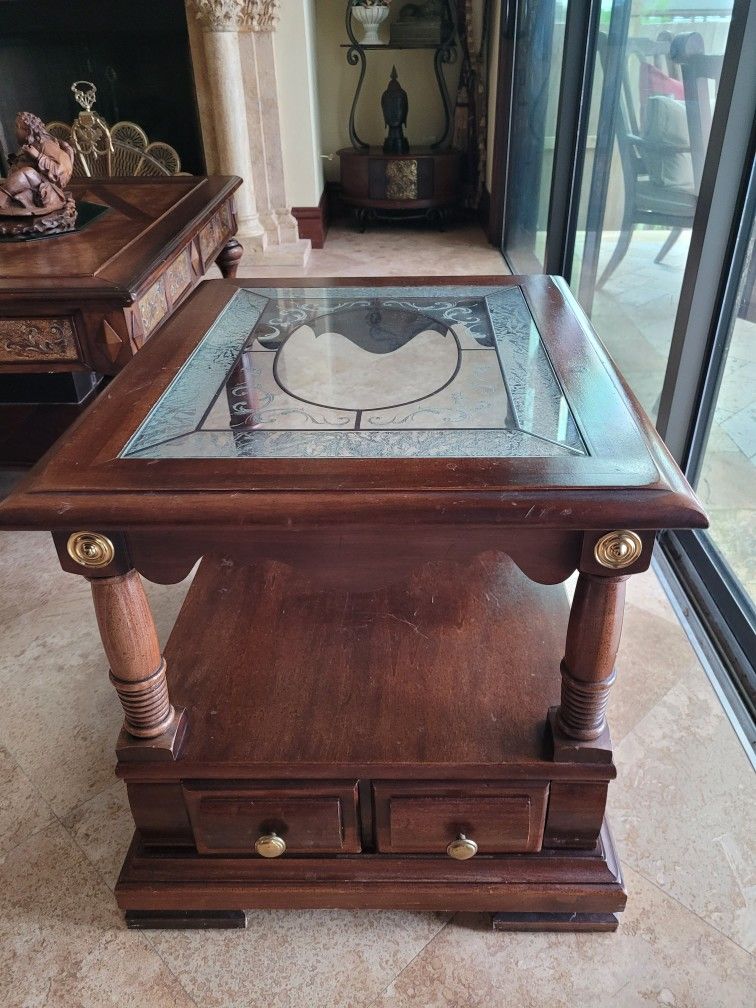Etched Glass Top Heavy Wooden End Tables
