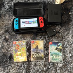 Used Nintendo Switch W/case And Grips - Comes With Zelda Breath Of The Wild And Tears Of The Kingdom And Mario Party Superstars