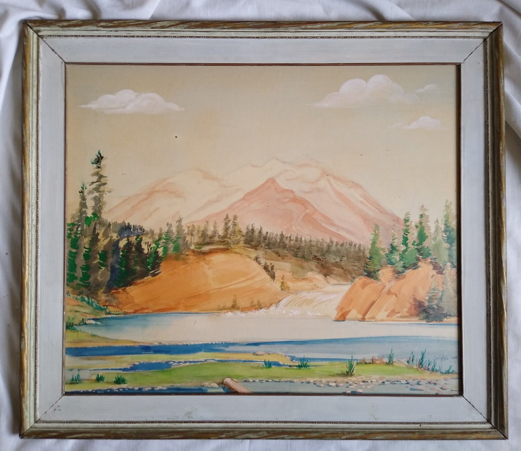 A vintage Mid-century Mod mixed media Mountain landscape Painting by y Carl H. Vollmer dated 1949