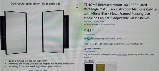 New! Black Metal Medicine Cabinet With Mirror Recessed Mount 16x26
