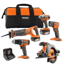Brand New In Box Rigid 18V Cordless 5-Tool Combo Kit with (2) 4.0 Ah Batteries, Charger, Tool Bag, and Accessories