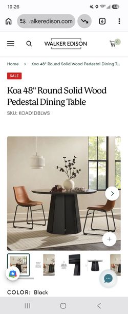 Walker Edison chairs and Koa 48" Round Solid Wood Pedestal Dining Table