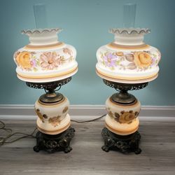 Vintage 24” Gone With The Wind Hand Painted Flowers Hurricane Parlor Lamps