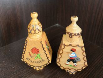 Pair of Hand Painted Wooden Perfume 
Bottle Holders, Rose Oil Inside. 4"H. PLEASE READ DESCRIPTION