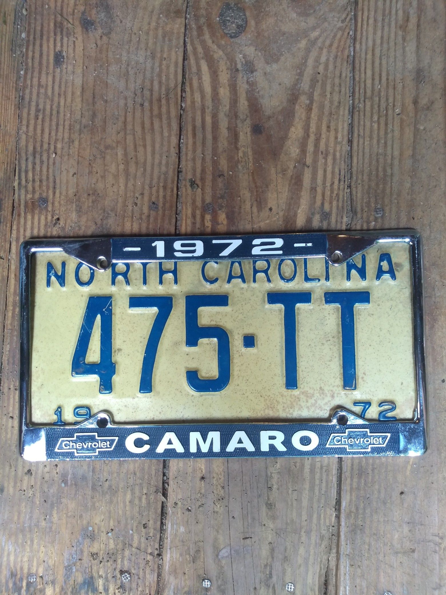 1972 Chevrolet Camaro License Plate Frame With Matching NC Plate