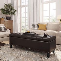 Tufted Faux Leather Storage Ottoman Bench with Nailhead Trim (New-in Box)