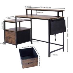 ✌️ Computer Desk With Monitor Stand, USB Charging Port, Storage Drawer, Side Shelf & Cloth Bag, 39.4-Inch Home Office Desk Workstation, Rustic Brown