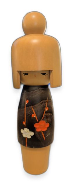 Vintage Japanese Kokeshi Doll, Pale Topknot, Black Body with Plum Blossoms