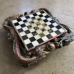 CHESS UNIQUE ASIAN DESIGN DRAGONS & WARRIORS Hand Carved Board & Highly Detailed