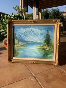 Vintage Painting By Charlotte Parker (Sea/Seascape/Mountains/Water/Frame/Gilded/Art/Oil/Acrylic/90s/1990s/Oil/Arte/Pinctura/Cuadro/Decor/Lake/Beach)