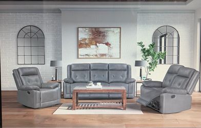 Gray Leather Reclining Sofa and Chair Set