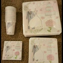 New paper plates, cups , utensils, for weddings or bridal shower or universary