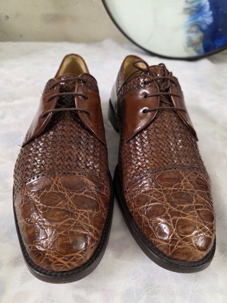 Mezlan Genuine Crocodile Shoe Men Size 10 Leather Cap Toe Brown Lace Up Shoes