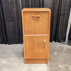 Mid-Century Oak Drop-Front Bar Cabinet with Wood Pulls