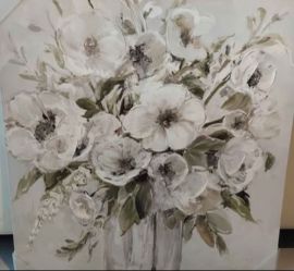White Floral Bouquet Canvas Wall Art - Neutral Flower Painting