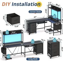 🥨Modern Black L-Shaped Desk Gaming Computer Reversible Corner Monitor Shelf Writing Shelf Storage Shelves Office Workstation Living Room