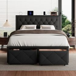 Queen Bed Frame with 2 Storage Drawers, Linen Upholstered Headboard Platform Bed with Charging Station, No Box Spring Needed, Metal Slats Support, Noi