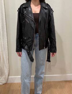Zara Oversized Black Faux Leather Biker Moto Jacket XS Belted
