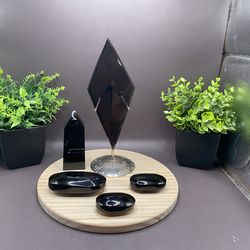 97g 6.1” Smokey Quartz Diamond Carving, 98g 3.5” Tower & 118g (3) Palm Stones