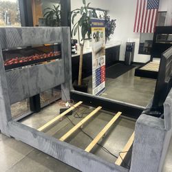 New Queen Grey Fabric Tufted Bed With Fireplace Headboard And TV Footboard Stand.  Free Delivery!