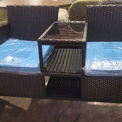 Flamaker Outdoor Furniture Patio Loveseat Wicker 2-Seat with Built-in Table and Cushions Rattan Porch Chairs Bench for Balcony, Lawn, Backyard (Blue)$