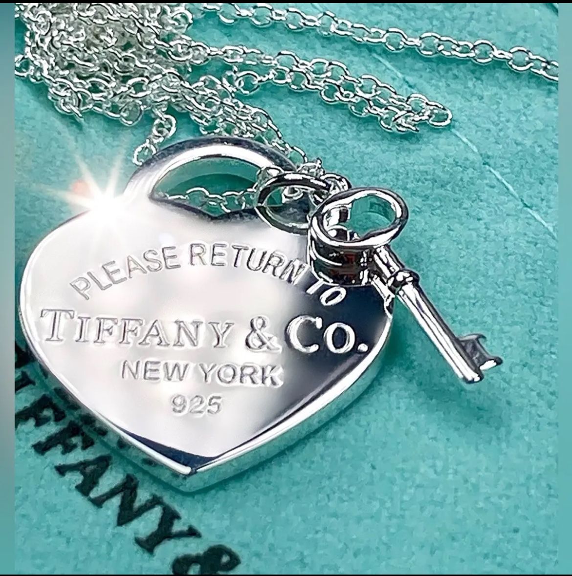 Authentic Tiffany & Co. Silver Heart Stamped Pendant and Key Necklace