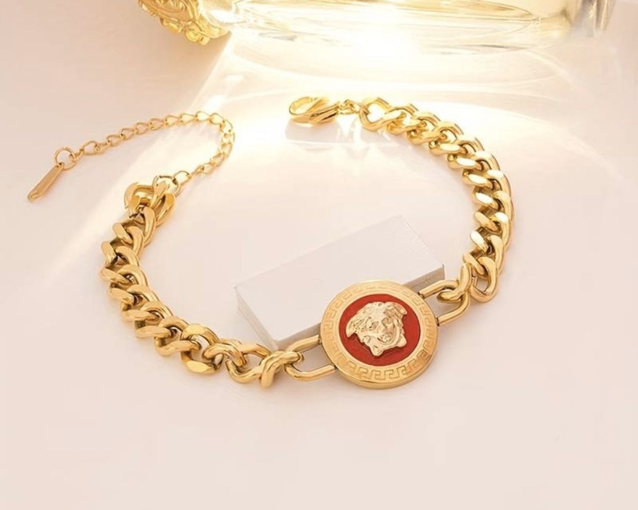 Versace Gold & Red Medusa Head Chain Bracelet