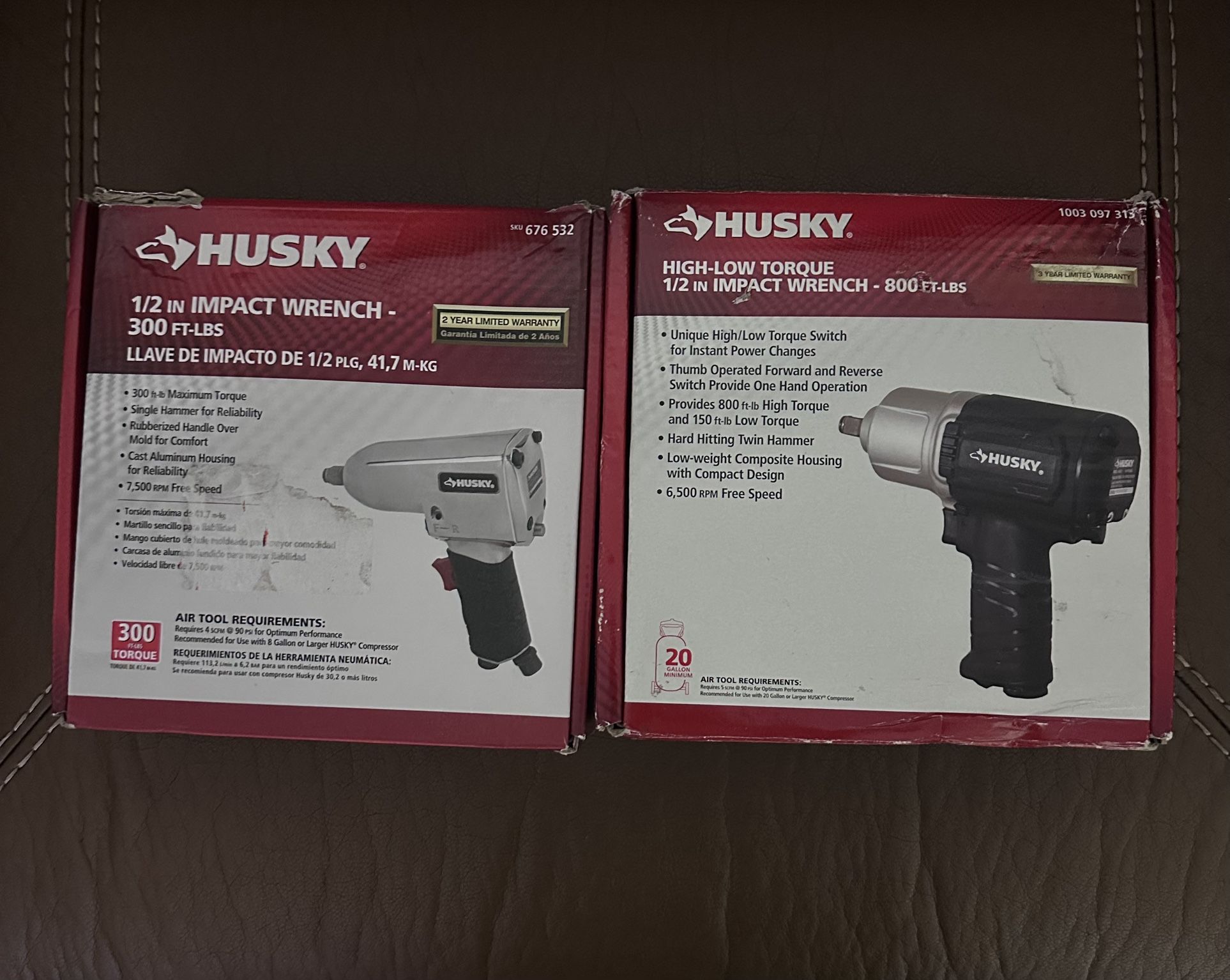 Husky 1/2” Impact Wrench x2 (300 & 800 ft lbs) New