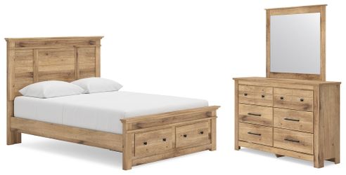 Makidern Tan Queen Panel Storage Bed, Dresser and Mirror