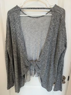Gray Marled Knit Sweater M Open Back Tie 100% Cotton