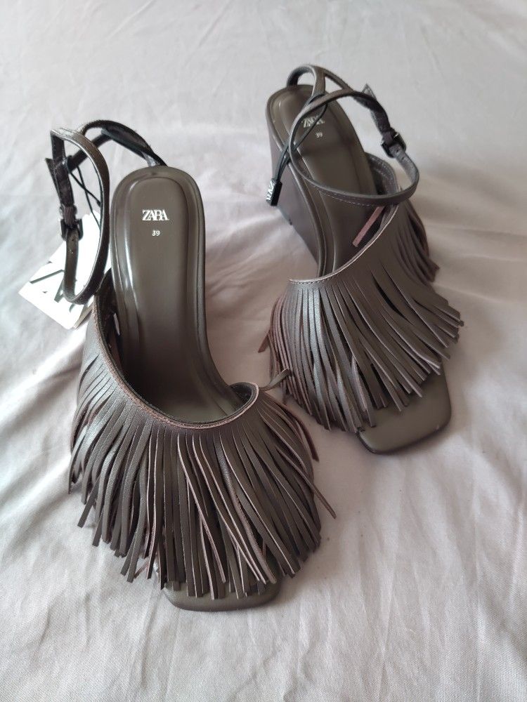 ZARA Women's Leather Wedges W Fringing Chocolate Brown 1336/410