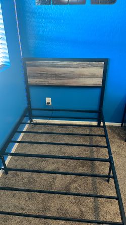 Metal Bed Frame with Wood Panel Headboard