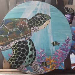 1 Ft 4 Inch Circle Canvas Original Sea Turtle Painting 