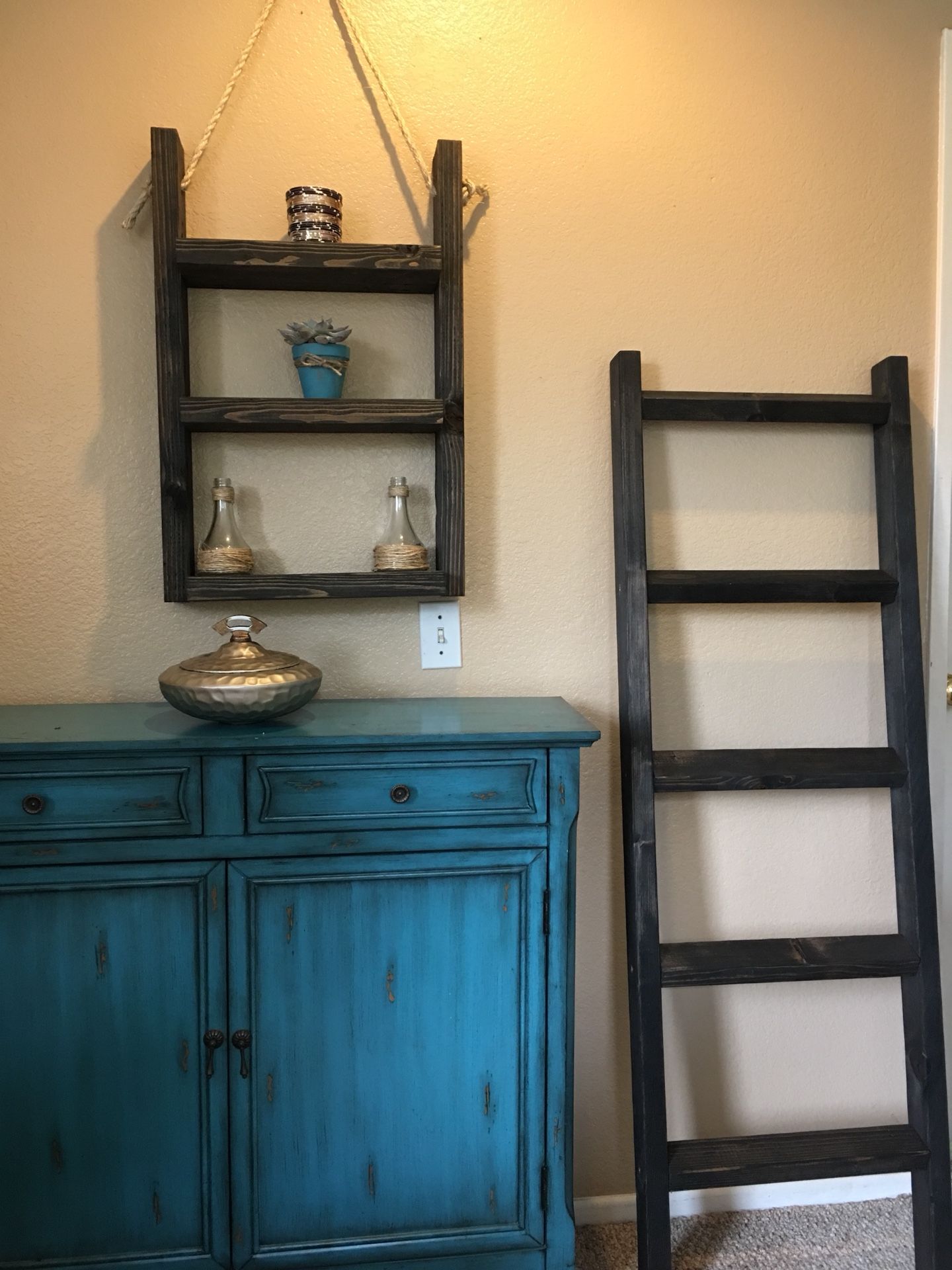 Rustic ladder shelf and blanket/towel ladder