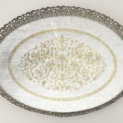 Vintage Oval Gold & Silver Ornate Vanity Dresser Perfume Tray Filigree Glass Hollywood Regency