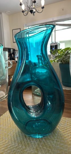 Aqua Glass Donut Hole 12in Wine Decanter Made in Poland