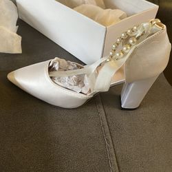 Used Women’s Satin Block Heel Wedding Shoes with All Pearl Ankle Strap - Color: White - Great for special occasions