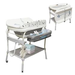 New 2 in 1 Baby Bathtub with Changing Table, DEYGIA Waterproof Diaper Changing Station Portable Changing Table